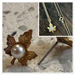 Gold Plated Necklace Earrings Set Leaf Pearl Charm